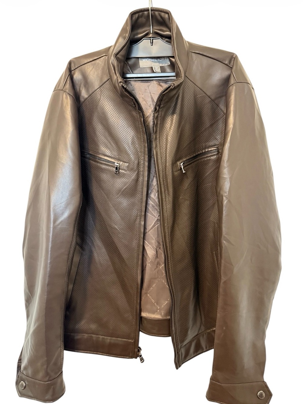Michael Kors Brown Perforated Leather Bomber Jacket